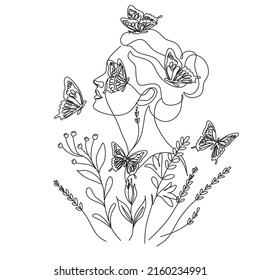 Abstract face with butterfly by one line drawing. Buttrfly Line Art. Portrait minimalistic style.  Botanical print. Nature symbol of cosmetics. 
Fashion print. Beaty salon art
