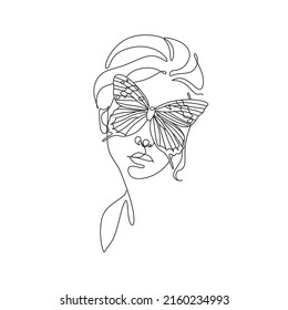 Abstract face with butterfly by one line drawing. Buttrfly Line Art. Portrait minimalistic style.  Botanical print. Nature symbol of cosmetics. 
Fashion print. Beaty salon art
