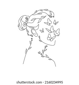 Abstract face with butterfly by one line drawing. Buttrfly Line Art. Portrait minimalistic style.  Botanical print. Nature symbol of cosmetics. 
Fashion print. Beaty salon art