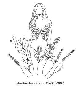 Resumen de la cara con mariposa en un dibujo de una línea. Arte de línea de mariposa. Estilo minimalista de retrato.  Huella botánica. Símbolo natural de los cosméticos. 
Impresión de moda. Arte de salón de belleza