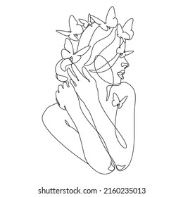Abstract face with butterfly by one line drawing. Buttrfly Line Art. Portrait minimalistic style.  Botanical print. Nature symbol of cosmetics. 
Fashion print. Beaty salon art