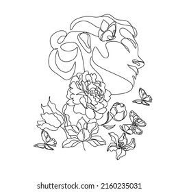 Abstract face with butterfly by one line drawing. Buttrfly Line Art. Portrait minimalistic style.  Botanical print. Nature symbol of cosmetics. 
Fashion print. Beaty salon art