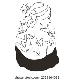 Abstract face with butterfly by one line drawing. Female body with butterfly. One line illustration. Vector.
