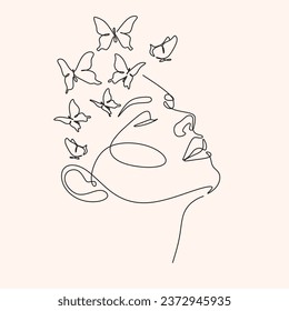 Abstract face with butterfly by one line drawing. Butterfly Line Art. Portrait minimalistic style.  Botanical print. Nature symbol of cosmetics. 
Fashion print. Beaty salon art