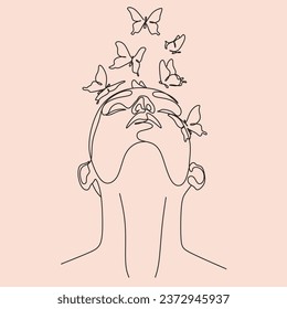 Abstract face with butterfly by one line drawing. Butterfly Line Art. Portrait minimalistic style.  Botanical print. Nature symbol of cosmetics. 
Fashion print. Beaty salon art