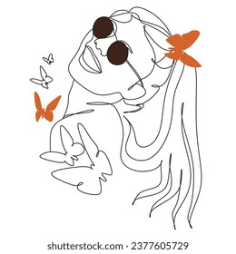 Resumen de la cara con mariposa en un dibujo de una línea. Vector.