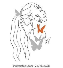 Abstract face with butterfly by one line drawing. Vector.