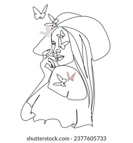 Abstract face with butterfly by one line drawing. Vector.