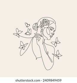 Abstract face with butterfly by one line drawing. Butterfly Line Art. Portrait minimalistic style.  Botanical print. Nature symbol of cosmetics. 
Fashion print. Beaty salon art