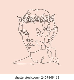 Abstract face with butterfly by one line drawing. Butterfly Line Art. Portrait minimalistic style.  Botanical print. Nature symbol of cosmetics. 
Fashion print. Beaty salon art