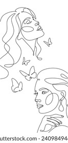 Abstract face with butterfly by one line drawing. Butterfly Line Art. Portrait minimalistic style.  Botanical print. Nature symbol of cosmetics. 
Fashion print. Beaty salon art