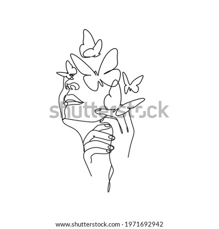 Abstract face with butterfly by one line drawing. Butterfly Line Art. Portrait minimalistic style.  Botanical print. Nature symbol of cosmetics. 
Fashion print. Beaty salon art