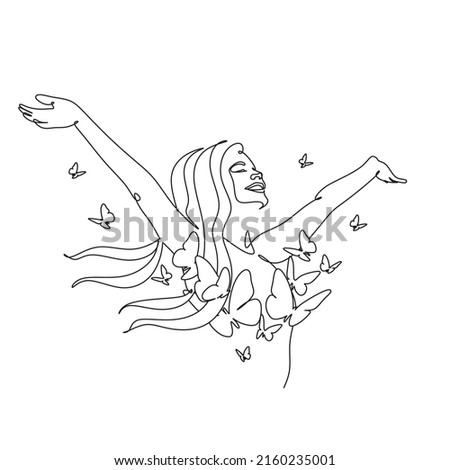 Abstract face with butterfly by one line drawing. Buttrfly Line Art. Portrait minimalistic style.  Botanical print. Nature symbol of cosmetics. 
Fashion print. Beaty salon art