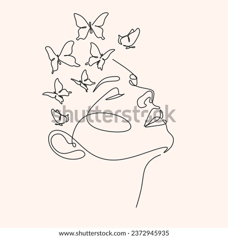 Abstract face with butterfly by one line drawing. Butterfly Line Art. Portrait minimalistic style.  Botanical print. Nature symbol of cosmetics. 
Fashion print. Beaty salon art