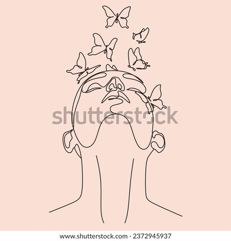Abstract face with butterfly by one line drawing. Butterfly Line Art. Portrait minimalistic style.  Botanical print. Nature symbol of cosmetics. 
Fashion print. Beaty salon art