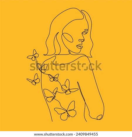 Abstract face with butterfly by one line drawing. Butterfly Line Art. Portrait minimalistic style.  Botanical print. Nature symbol of cosmetics. 
Fashion print. Beaty salon art