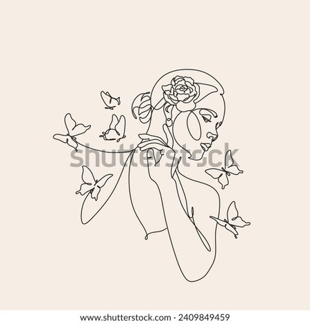 Abstract face with butterfly by one line drawing. Butterfly Line Art. Portrait minimalistic style.  Botanical print. Nature symbol of cosmetics. 
Fashion print. Beaty salon art