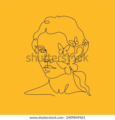 Abstract face with butterfly by one line drawing. Butterfly Line Art. Portrait minimalistic style.  Botanical print. Nature symbol of cosmetics. 
Fashion print. Beaty salon art