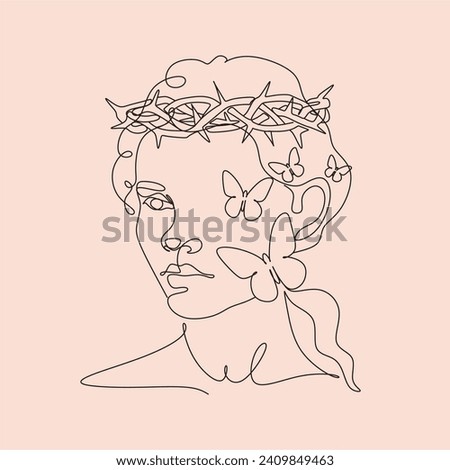 Abstract face with butterfly by one line drawing. Butterfly Line Art. Portrait minimalistic style.  Botanical print. Nature symbol of cosmetics. 
Fashion print. Beaty salon art