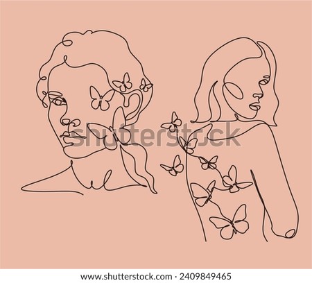Abstract face with butterfly by one line drawing. Butterfly Line Art. Portrait minimalistic style.  Botanical print. Nature symbol of cosmetics. 
Fashion print. Beaty salon art