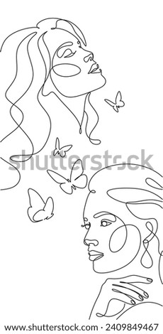 Abstract face with butterfly by one line drawing. Butterfly Line Art. Portrait minimalistic style.  Botanical print. Nature symbol of cosmetics. 
Fashion print. Beaty salon art