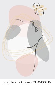 Abstract face with a butterfly. Fashionable print. Minimalist female beauty. Continuous line, drawing of established faces and hairstyles, fashion concept, minimalist female beauty. A modern portrait