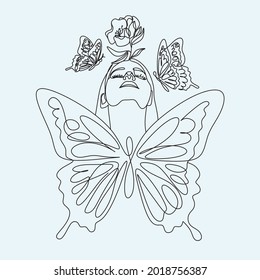 Abstract face with butterfly Line art. Butterfly line drawing. Portrait minimalistic style.  Botanical print. Nature symbol of cosmetics. 
Fashion print. Beaty salon art