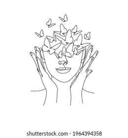 Abstract face with butterfly, line drawing. Portrait minimalistic style.  Botanical print. Nature symbol of cosmetics. Modern continuous line art. 
Fashion print. Beaty salon art