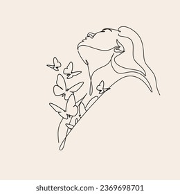 Abstract face with butterfly one line drawing. Portrait minimalistic style. Surreal Faces Continuous line, drawing of set faces and hairstyle, fashion concept, woman beauty