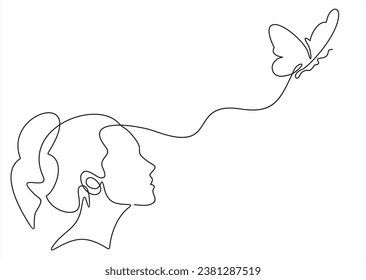 Abstract face with butterfly one line drawing. Portrait minimalistic style. Surreal Faces Continuous line, drawing of set faces and hairstyle, fashion concept, woman beauty