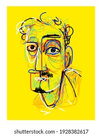 Abstract face character icon vector illustration. Rough, line art, grunge, color.