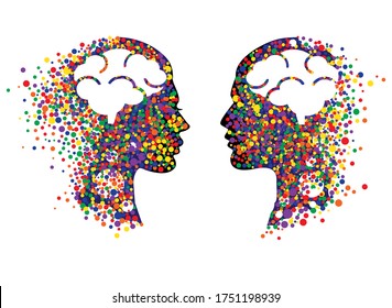 Abstract face with colorful circles. Man and woman head icons with abstract brains vector illustration