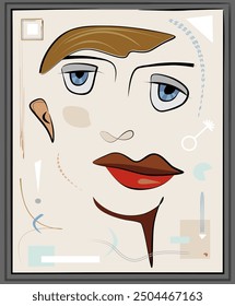 An abstract face is created with minimalistic and geometric lines, featuring expressive blue eyes and bold red lips. Various shapes and lines are scattered around, giving it a modern and artistic feel