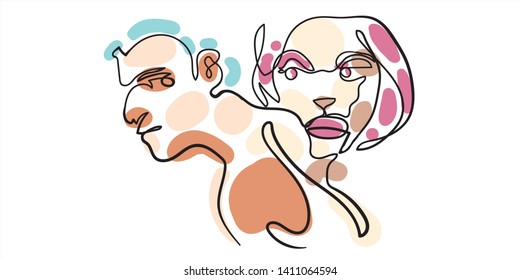 Abstract face drawing of boy and girl, Fashion concept idea, Portrait minimalist style, one continuous line vector illustration.