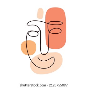 Abstract face drawn by hand in one line with spots of nude and warm colors. Design art monoline portrait concept
