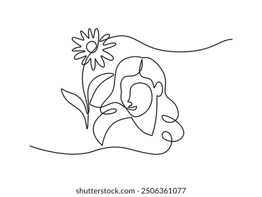 Abstract face featuring flowers in the hair, line art drawing. Minimalist single line face design with floral accents, continuous vector illustration.