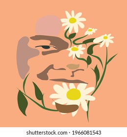 Abstract Face And Flower, Freehand Vector.
