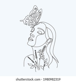 Abstract face with flowers and butterfly by one line drawing. Modern continuous line art. Women line art. Beauty salon logo. Coloring book. Botanical print. Nature symbol of cosmetics. Fashion logo.