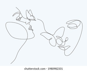 Abstract face with flowers and butterfly by one line drawing. Modern continuous line art. Women line art. Beauty salon logo. Coloring book. Botanical print. Nature symbol of cosmetics. Fashion logo.