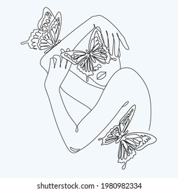 Abstract face with flowers and butterfly by one line drawing. Modern continuous line art. Women line art. Beauty salon logo. Coloring book. Botanical print. Nature symbol of cosmetics. Fashion logo.