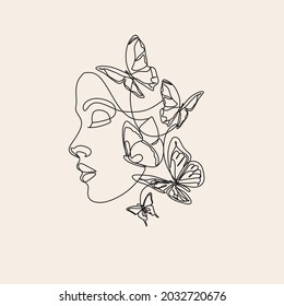 Abstract face with flowers and butterfly by one line drawing. Modern continuous line art. Woman head with butterfly composition. Beauty salon logo. Coloring book. Nature symbol of cosmetics. 