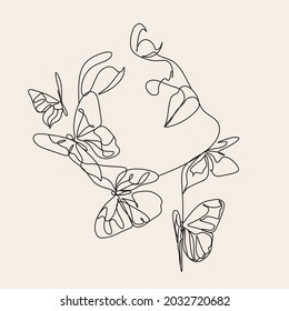 Abstract face with flowers and butterfly by one line drawing. Modern continuous line art. Woman head with butterfly composition. Beauty salon logo. Coloring book. Nature symbol of cosmetics. 