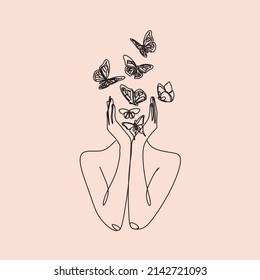 Abstract face with flowers and butterfly by one line drawing. Modern continuous line art. Women line art. Beauty salon logo. Coloring book. Botanical print. Nature symbol of cosmetics. Fashion logo.