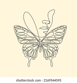 Abstract face with flowers and butterfly by one line drawing. Modern continuous line art. Women line art. Beauty salon logo. Coloring book. Botanical print. Nature symbol of cosmetics. Fashion logo.