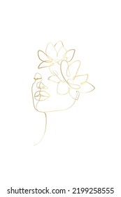 Abstracto de cara con flores por dibujo de un vector de línea de oro. Retrato de estilo minimalista. Huella botánica. Arte de línea continua moderno. Línea dorada Fondo blanco	
