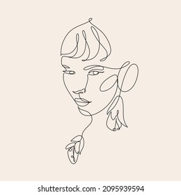 Resumen de la cara con flores por dibujo en línea. Retrato de estilo minimalista. Símbolo natural de los cosméticos. Logo femenino de maquillaje de belleza