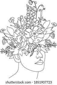 Abstract face with flowers by one line vector drawing. Portrait minimalistic style. Botanical print. Nature symbol of cosmetics. Modern continuous line art. Fashion print. Beaty salon logo.