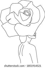 Cara abstracta con flores por dibujo vectorial de una línea. Retrato de estilo minimalista. Huella botánica. Símbolo natural de los cosméticos. Moderna línea de arte. Impresión de moda. Logo de Beaty Salon.