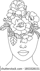 Abstract face with flowers by one line vector drawing. Portrait minimalistic style. Botanical print. Nature symbol of cosmetics. Modern continuous line art. Fashion print. Beaty salon logo.