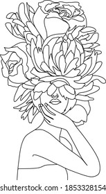 Cara abstracta con flores por dibujo vectorial de una línea. Retrato de estilo minimalista. Huella botánica. Símbolo natural de los cosméticos. Moderna línea de arte. Impresión de moda. Logo de Beaty Salon.